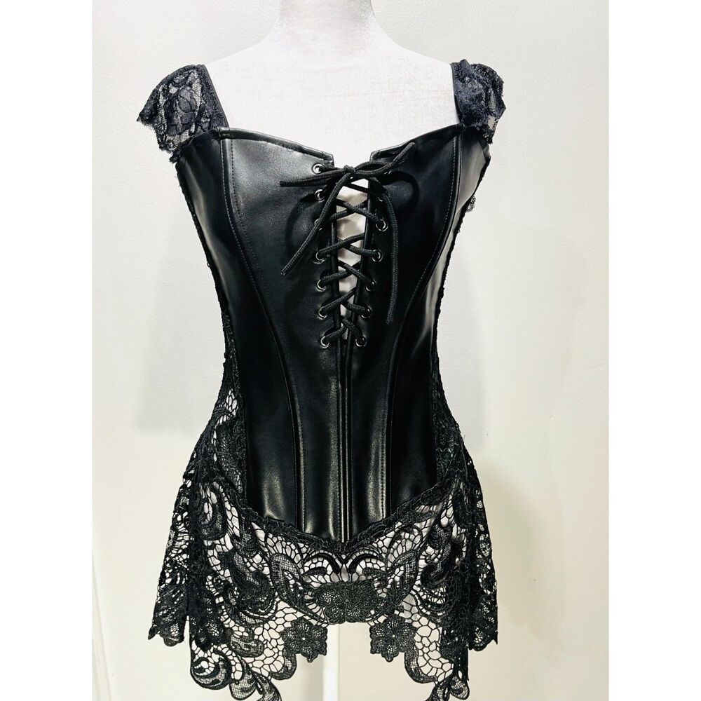 Dream girl corset dress black Faux leather lace sexi romantic women's 34